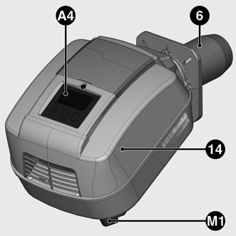 Γενικές πληροφορίες Περιγραφή του καυστήρα A4 A5 B1 F6 M1 T1 Οθόνη (προαιρετικός εξοπλισμός) Κουτί σύνδεσης με ενσωματωμένη μονάδα ελέγχου (κάτω από το καβούκι) Σημείο μέτρησης ιονισμού Πιεζοστάτης