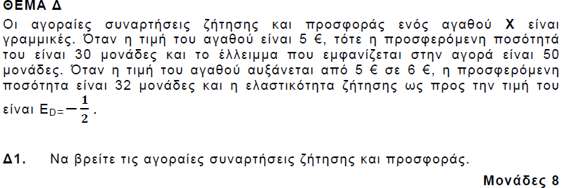 για P=5 Qs=30 και για P=6 Qs=32 Qs=γ=δΡ άρα 30=γ+5δ 32=γ+6δ γ=30-5δ 32=30-5δ+6δ δ=2 γ=20 Qs=20+2P για Ρ=5 QD=80 για Ρ=5