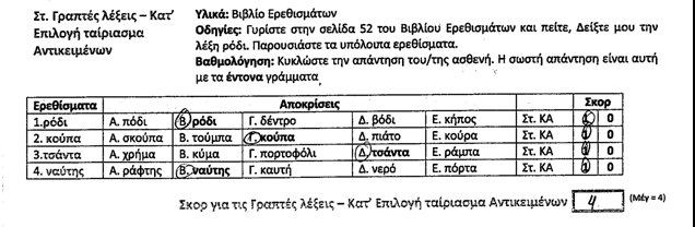 Γραπτή λέξη κατ επιλογή ταίριασμα με αντικείμενο: ο εξεταστής προφέρει μια λέξη και έπειτα δείχνει στον ερωτηθέντα μια σελίδα με λέξεις στο βιβλίο ερεθισμάτων.