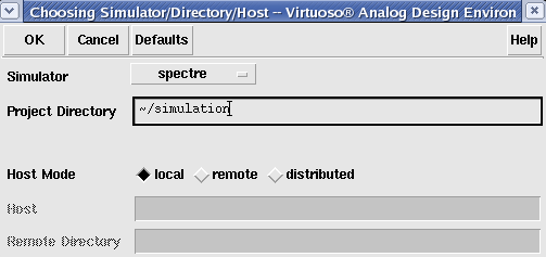 Στο Virtuoso Analog Design Environment παράθυρο, επιλέξτε Setup -> Simulator/Directory/Host. Θα εμφανιστεί το Choosing Simulator/Directory/Host παράθυρο.