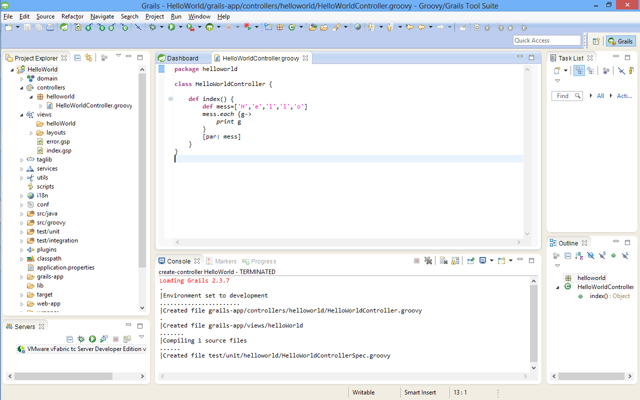 package helloworld class HelloWorldController { def index() { def mess=['h','e','l','l','o'] mess.