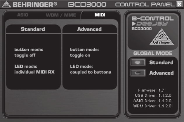 9 B-CONTROL DEEJAY Περιληπτικό Εγχειρίδιο 4.2 Ο πίνακας ελέγχου (μόνο Windows XP) Στον πίνακα ελέγχου του μπορείς να πραγματοποιήσεις ορισμένες γενικές ρυθμίσεις του.