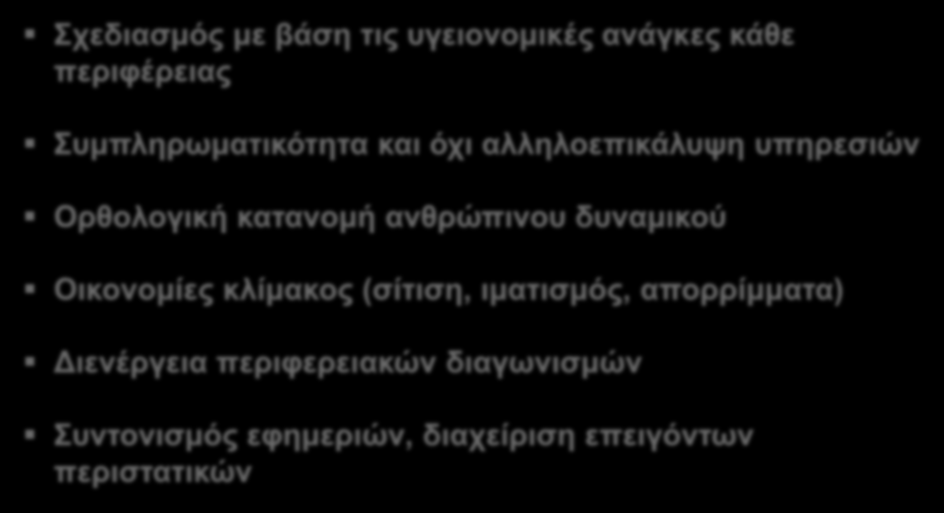 Στόχοι των Περιφερειακών Συστημάτων Υγείας Σχεδιασμός με βάση τις υγειονομικές ανάγκες κάθε περιφέρειας Συμπληρωματικότητα και όχι αλληλοεπικάλυψη υπηρεσιών Ορθολογική