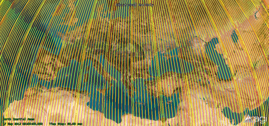 Σχήμα 68: Τα επίγεια ίχνη της τρόχιας του σχηματισμού GRACE όπως εμφανίζονται στην 3D Globe, όπου με κίτρινο χρώμα απεικονίζονται τα ίχνη κατά τα οποία ο δορυφόρος έχει πρόσβαση στο ηλιακό φως (άρα