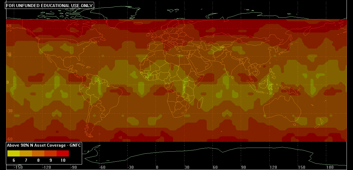 Σχήμα 135: Χάρτης που παρουσιάζει τον ελάχιστο αριθμό δορυφόρων που καλύπτουν κάθε σημείο για το 90% του χρόνου για τον σχηματισμό GPS.