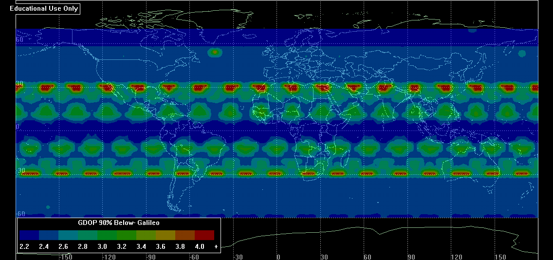 Σχήμα 137: Χάρτης που παρουσιάζει τις μέγιστες τιμές του δείκτη GDOP για το σύνολο της χρονικής περιόδου μελέτης που προκύπτει για τον σχηματισμό GALILEO.
