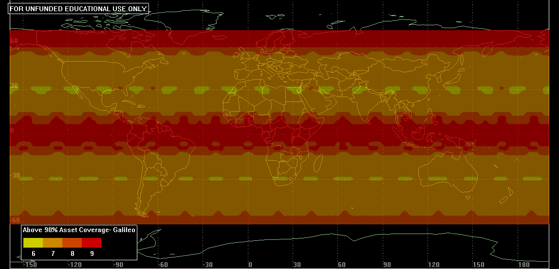 Σχήμα 141: Χάρτης που παρουσιάζει τον ελάχιστο αριθμό δορυφόρων που καλύπτουν κάθε σημείο για το 90% του χρόνου για τον σχηματισμό GALILEO.