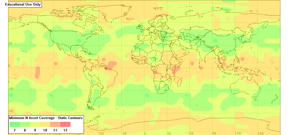 Σχήμα 13: Χάρτης Απεικόνισης του ελάχιστου αριθμού Προσβάσεων Κάλυψης για κάθε σημείο της γήινης επιφάνειας από τον σχηματισμό GPS για χρονική διάρκεια μίας ημέρας.