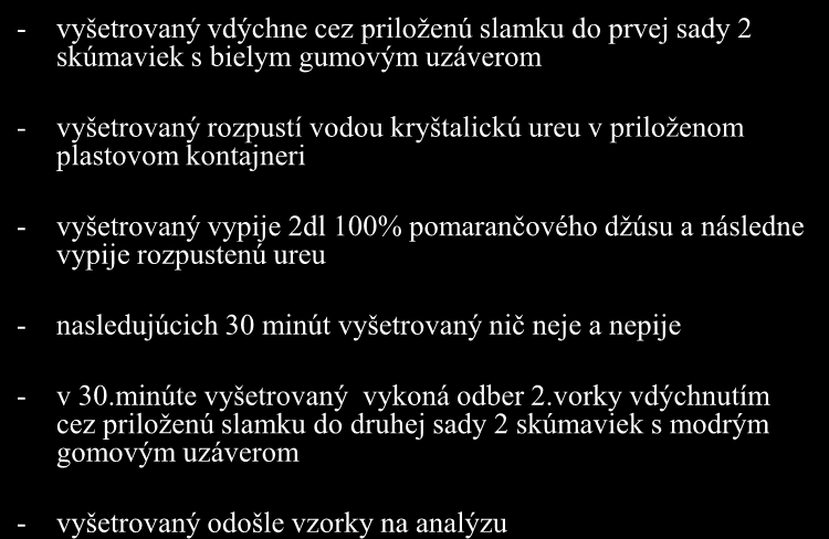 následne vypije rozpustenú ureu - nasledujúcich 30 minút vyšetrovaný nič neje a nepije - v 30.