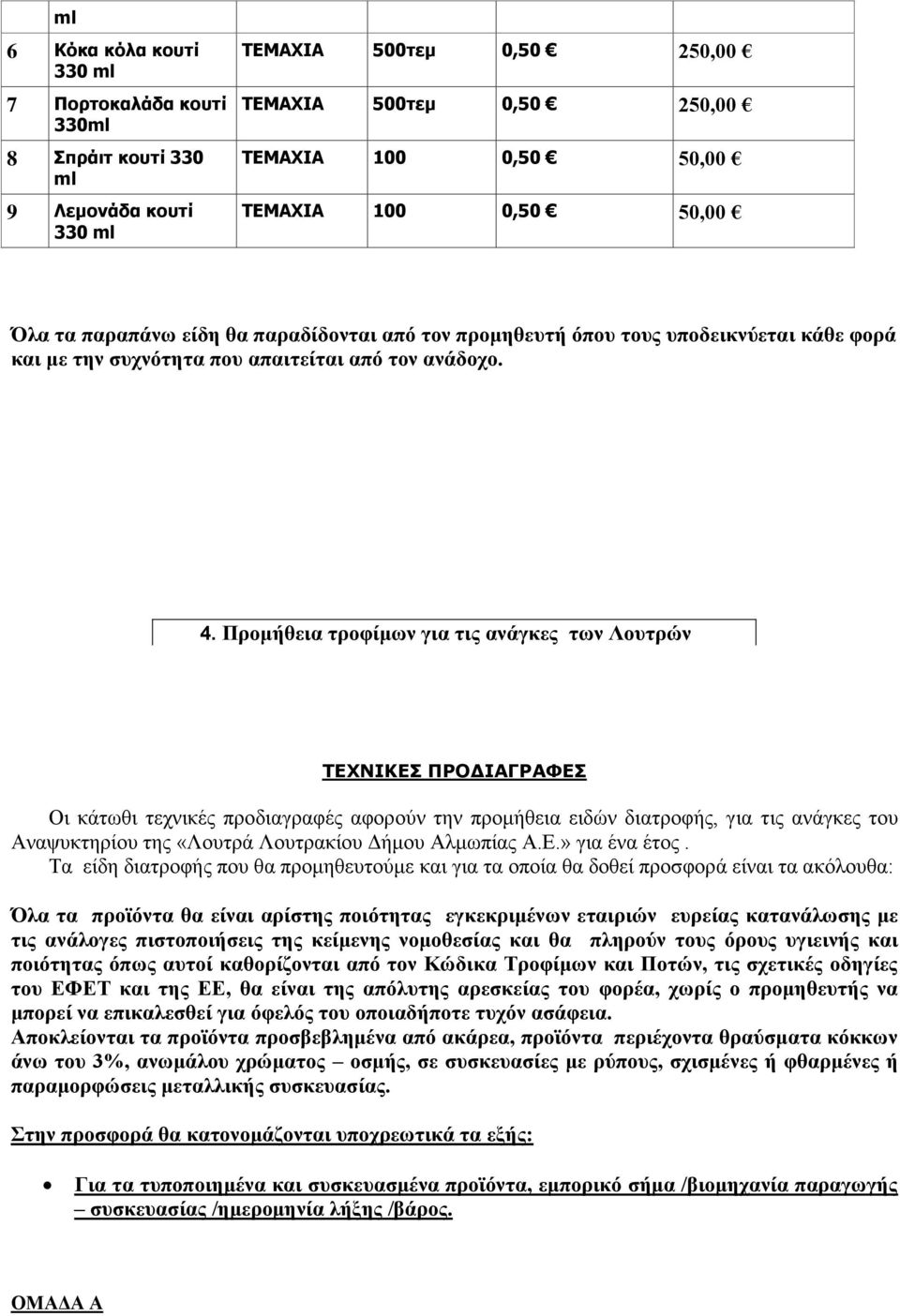 Πξνκάζεηα ηξνθέκωλ γηα ηηο αλϊγθεο ηωλ Λνπηξώλ ΣΕΧΝΙΚΕ ΠΡΟΔΙΑΓΡΑΦΕ Οη θάησζη ηερληθέο πξνδηαγξαθέο αθνξνχλ ηελ πξνκήζεηα εηδψλ δηαηξνθήο, γηα ηηο αλάγθεο ηνπ Αλαςπθηεξίνπ ηεο «Λνπηξά Λνπηξαθίνπ Γήκνπ