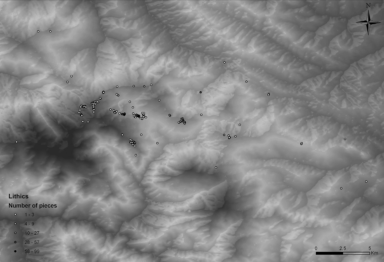 Εικ. 5. Δορυφορική φωτογραφία της περιοχής της Σαμαρίνας με αριθμό παλαιολιθικών θέσεων με διαφορετικής πυκνότητας επιφανειακό υλικό.