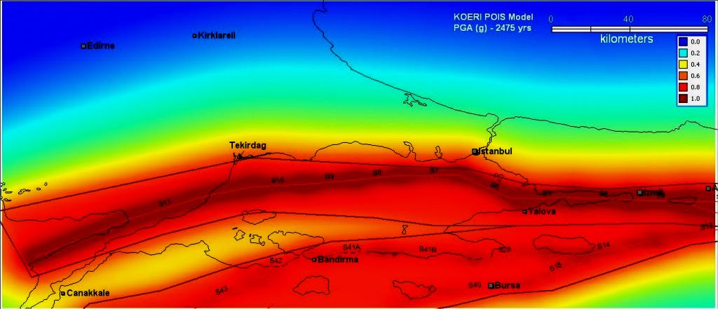 Αποτελέσματα Σεισμικής Επικινδυνότητας Επιλέξιμη Περιοχή : Τουρκία PGA map at NEHRP B/C boundary site class for 10% probability of exceedence in