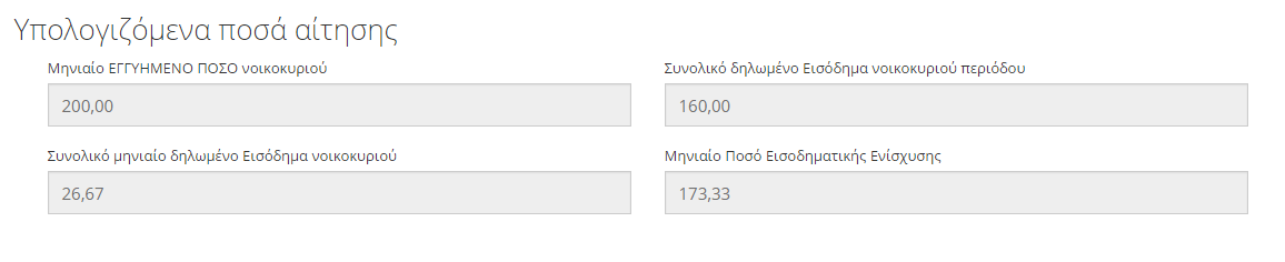 Οδηγός Συμπλήρωσης Αίτησης - 13 - Υπολογιζόμενα ποσά αίτησης Τέλος στα υπολογιζόμενα ποσά αίτησης υπολογίζει το σύστημα το: Μηνιαίο ΕΓΓΥΗΜΕΝΟ