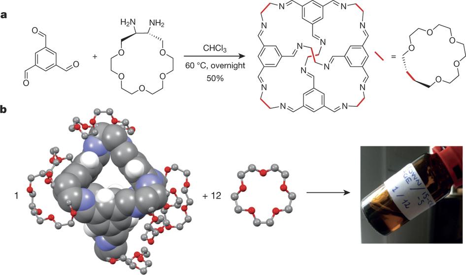 a, Synthesis of the crown-ether cage. b, The empty, highly soluble cage molecule, left, defines the pore space; the 15-crown-5 solvent, middle, provides fluidity but cannot enter the cage cavities.