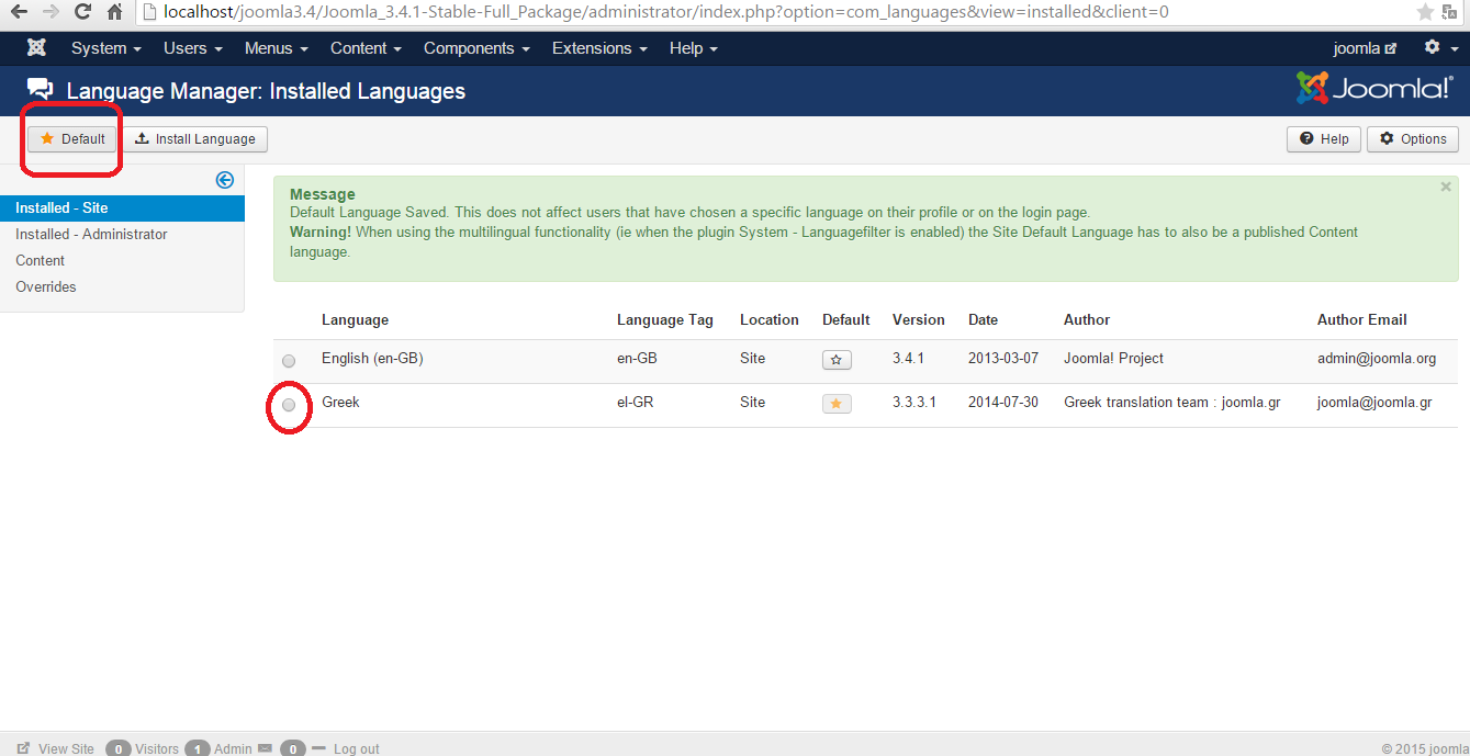 Εικόνα 33 Στην συνέχεια θα πάμε Extensions Language Manager, θα επιλέξουμε την ελληνική γλώσσα που μόλις εγκαταστάθηκε και θα