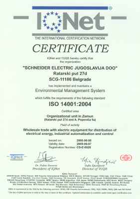 ISO 14001 sertifikacija u Schneider Electric Jugoslavija doo Posebnu paænju poklanjamo zaπtiti æivotne sredine!