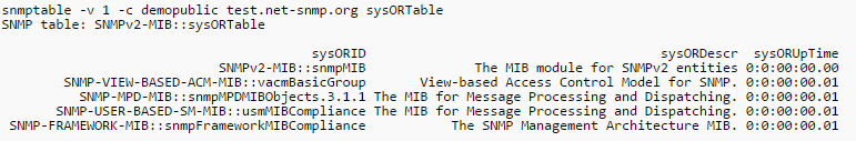 8.8 Snmptable Η εντολή snmptable ανακτά τα περιεχόμενα ενός πίνακα SNMP και τα εμφανίζει σε μορφή πίνακα [8], [9], [13], [14]. snmptable -v 2c -c demopublic test.net-snmp.