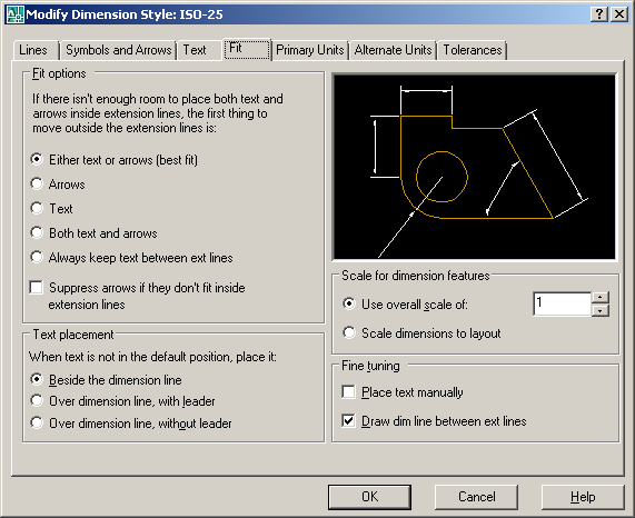 Modify Dimension: Fit Στη συνέχεια επιλέγουμε την καρτέλα Fit. Στην καρτέλα Fit, επιλέγεται η κλίμακα που πρέπει να ληφθεί υπόψιν στην αναγραφή των διαστάσεων.