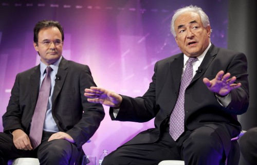 Greece s Finance Minister George Papaconstantinou (L) and International Monetary Fund s Managing Director Dominique Strauss-Kahn (R)participate in the BBC World Debate: Stimulate or Consolidate
