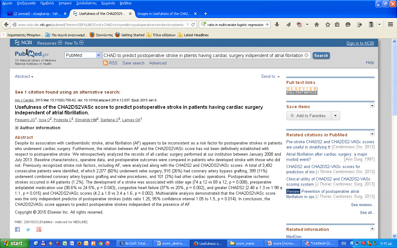 CHA2DS2-VASc VS cardiac surgery 2015 Σκοπός: αξιολόγηση κινδύνου εµφάνισης µετεγχειρητικού ΑΕΕ µετά από καρδιοχειρουργική επέµβαση µε τη