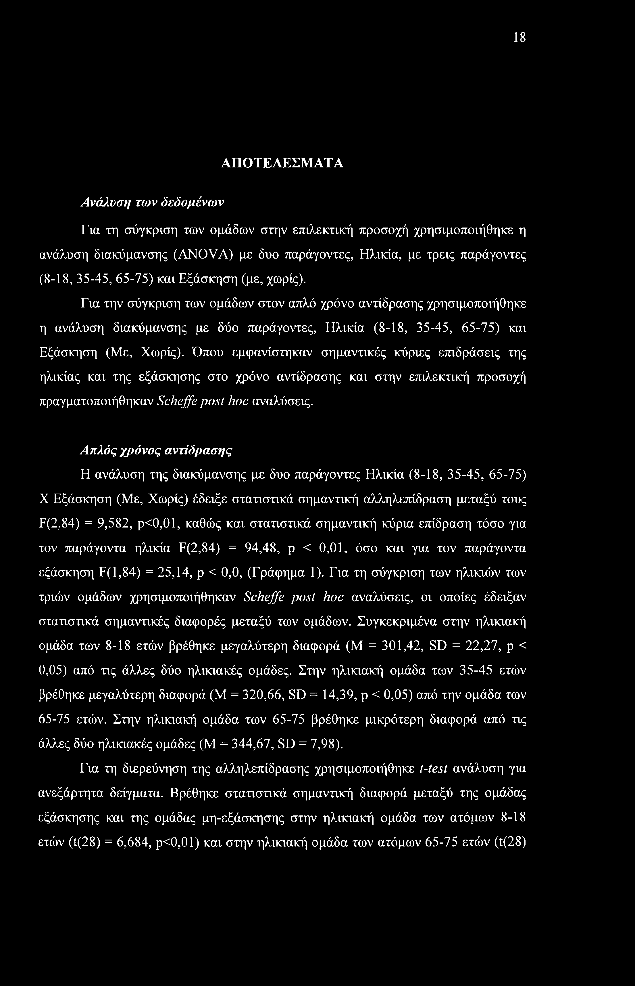 18 ΑΠΟΤΕΛΕΣΜΑΤΑ Ανάλυση των δεδομένων Για τη σύγκριση των ομάδων στην επιλεκτική προσοχή χρησιμοποιήθηκε η ανάλυση διακύμανσης (ANOVA) με δυο παράγοντες, Ηλικία, με τρεις παράγοντες (8-18, 35-45,