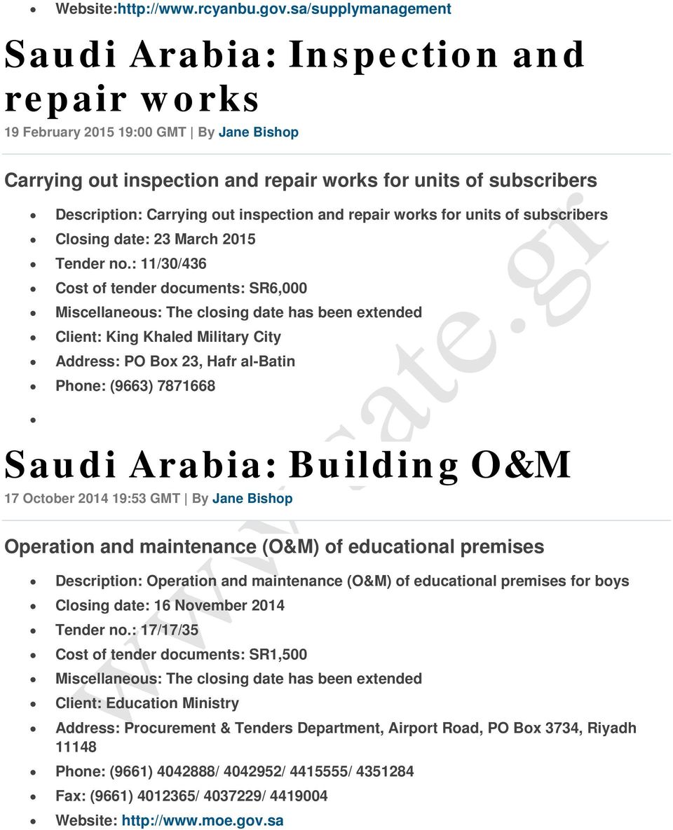 inspection and repair works for units of subscribers Closing date: 23 March 2015 Tender no.