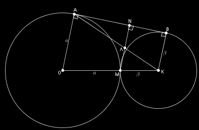 GI_V_GEO_4_90 Δίνονται δύο κύκλοι (O,α) και (K,β)με, οι οποίοι εφάπτονται εξωτερικά στο. Φέρνουμε το κοινό εφαπτόμενο τμήμα AB, με A, B σημεία των κύκλων (O,α) και (K,β) αντίστοιχα.