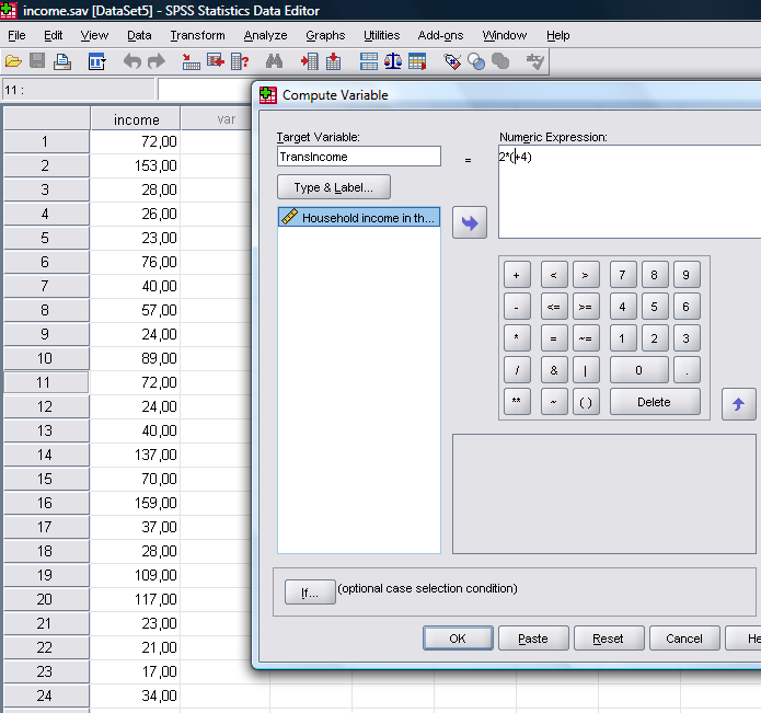 Μετασχηματισμός Δεδομένων a. από τα Data demo.sav επιλέγουμε τη στήλη Income b. δημιουργούμε νέο Data Set μόνο με αυτήν τη στήλη c. Click Transform d. Compute Variable e.