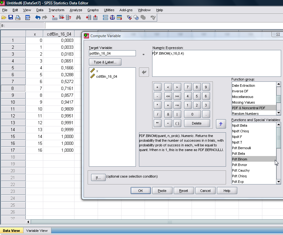 Υπολογισμός Πιθανοτήτων Διωνυμική Κατανομή e. για Target Variable επιλέγω pdfbin_16_0.4 f. για Function group επιλέγουμε PDF & Noncentral PDF g.