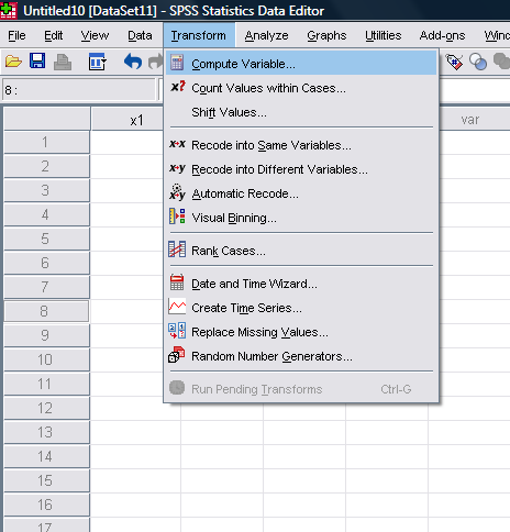 Μετασχηματισμός Δεδομένων Ενσωματωμένες συναρτήσεις στο SPSS Για να μετασχηματίσουμε δεδομένα ή να δημιουργήσουμε νέα, έχουμε πρόσβαση σε μια πληθώρα ενσωματωμένων συναρτήσεων a.