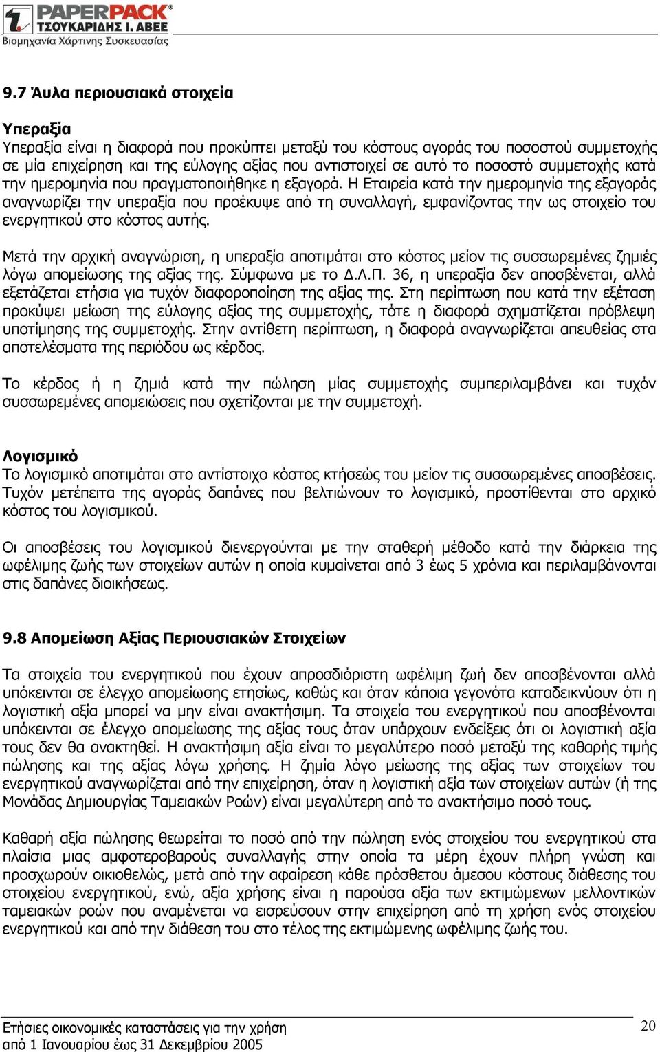 Η Εταιρεία κατά την ημερομηνία της εξαγοράς αναγνωρίζει την υπεραξία που προέκυψε από τη συναλλαγή, εμφανίζοντας την ως στοιχείο του ενεργητικού στο κόστος αυτής.