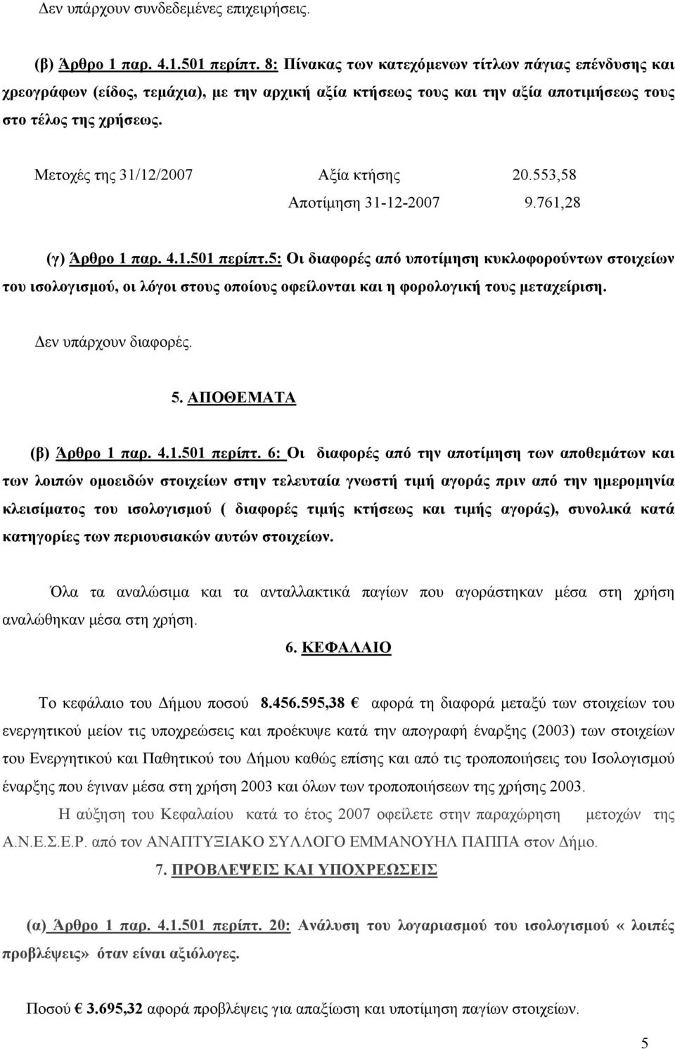 Μετοχές της 31/12/2007 Αξία κτήσης 20.553,58 Αποτίµηση 31-12-2007 9.761,28 (γ) Άρθρο 1 παρ. 4.1.501 περίπτ.