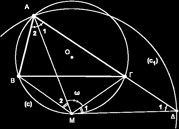 Μ ˆ ˆ =Γ(είναι εγγεγραμμένες στο κύκλο ( c ) και βαίνουν στο ίδιο τόξο) Άρα έχουμε Μ ˆ = 80 o Α Β=Γ=Μ ˆ ˆ ˆ ˆ (5) Σχήμα 6 Από τις ισότητες: Μ ˆ ˆ =Μ, ΜΒ = ΜΓ (διότι το Μ είναι μέσο του τόξου ΒΓ ) και