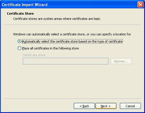 Βήμα 4: Στο Certification Store επιλέξτε «Automatically select the certificate store based on the type of
