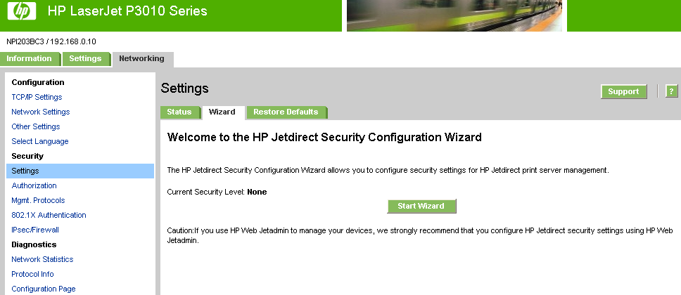Εικόνα 3-10 Οδηγός διαμόρφωσης ρυθμίσεων ασφάλειας HP Jetdirect Ρυθμίσεις ασφάλειας συσκευής Ο ενσωματωμένος διακομιστής web υποστηρίζει δύο ρόλους διαχειριστή που προσδιορίζονται ως service και