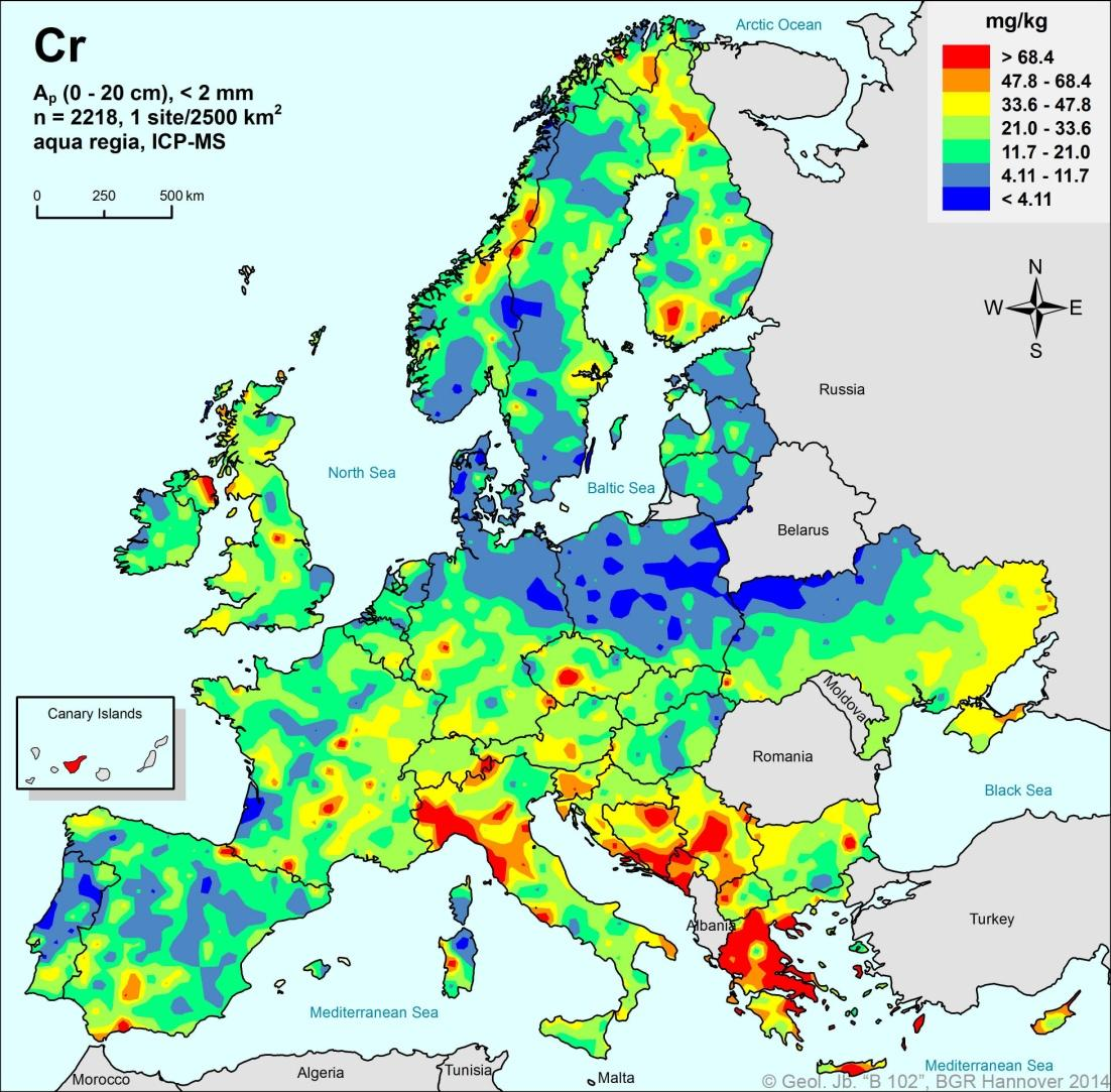 Γεωχημικοί χάρτες κατανομής Cr και As στα αγροτικά εδάφη της Ευρώπης Οι φυσικές γεωλογικές διεργασίες καθορίζουν τη γεωχημεία του εδάφους.