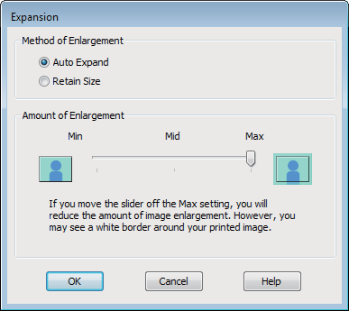 Επιλογές εκτύπωσης B Επιλέξτε Borderless (Χωρίς περιθώρια) και πατήστε Expansion (Επέκταση).