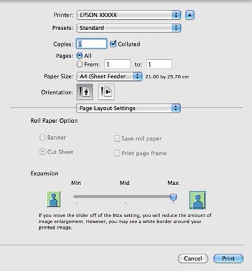 Επιλογές εκτύπωσης Όπου XXXX είναι το πραγματικό μέγεθος του χαρτιού, όπως A4. Εάν χρησιμοποιείτε το Mac OS X 10.