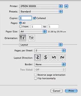 Επιλογές εκτύπωσης Πραγματοποίηση ρυθμίσεων σε Mac OS X Από την οθόνη Print (Εκτύπωση), επιλέξτε A Layout από τη λίστα και, στη συνέχεια, προσδιορίστε τον αριθμό των σελίδων ανά φύλλο και ούτω