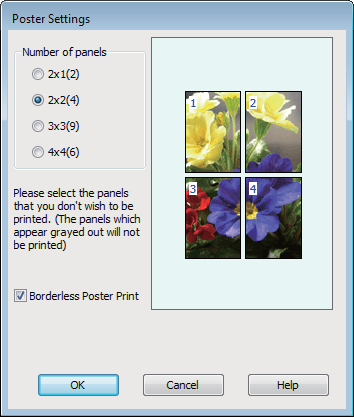 Επιλογές εκτύπωσης C Στην οθόνη Poster Settings (Ρυθμίσεις αφίσας), επιλέξτε τον αριθμό των εκτυπωμένων σελίδων που θέλετε να καλύπτει η αφίσα.