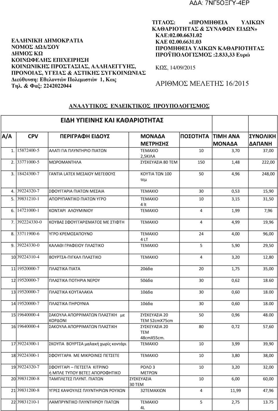 & Φαξ: 2242022044 ΚΩΣ, 14/09/2015 ΑΡΙΘΜΟΣ ΜΕΛΕΤΗΣ 16/2015 ΑΝΑΛΥΤΙΚΟΣ ΕΝΔΕΙΚΤΙΚΟΣ ΠΡΟΥΠΟΛΟΓΙΣΜΟΣ ΕΙΔΗ ΥΓΙΕΙΝΗΣ ΚΑΙ ΚΑΘΑΡΙΟΤΗΤΑΣ Α/Α CPV ΠΕΡΙΓΡΑΦΗ ΕΙΔΟΥΣ ΜΟΝΑΔΑ ΜΕΤΡΗΣΗΣ ΠΟΣΟΤΗΤΑ ΤΙΜΗ ΑΝΑ ΜΟΝΑΔΑ