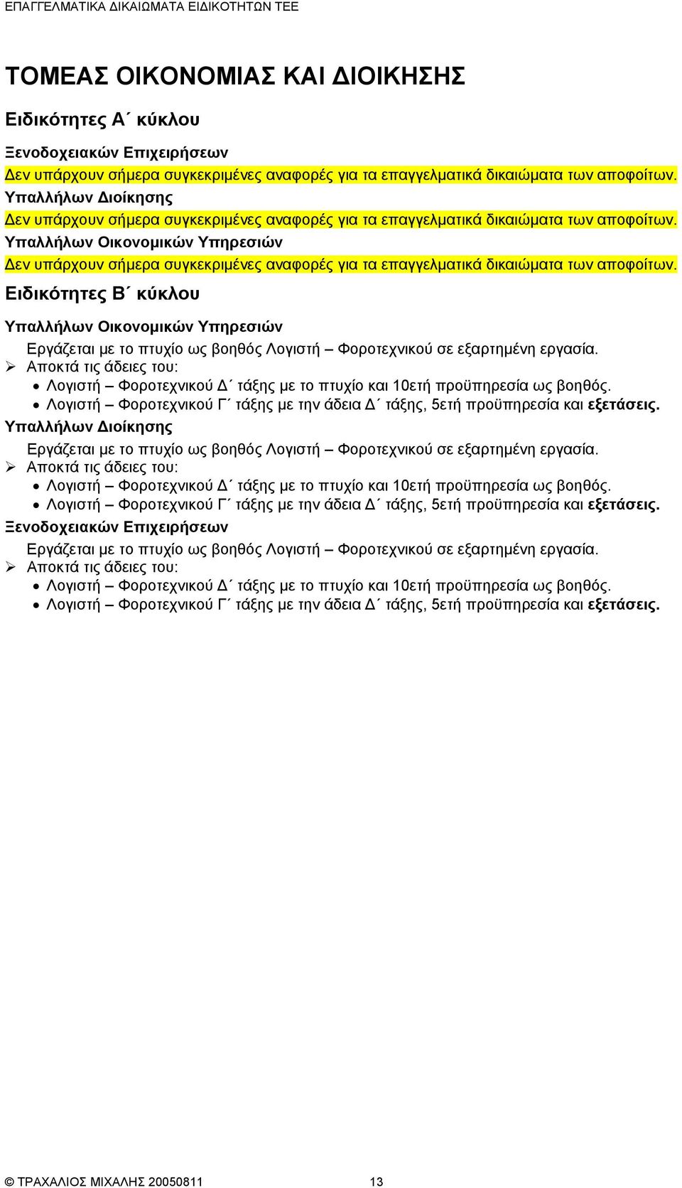 Υπαλλήλων ιοίκησης Εργάζεται µε το πτυχίο ως βοηθός Λογιστή Φοροτεχνικού σε  Ξενοδοχειακών Επιχειρήσεων Εργάζεται µε το πτυχίο ως βοηθός Λογιστή Φοροτεχνικού σε  ΤΡΑΧΑΛΙΟΣ ΜΙΧΑΛΗΣ 20050811 13