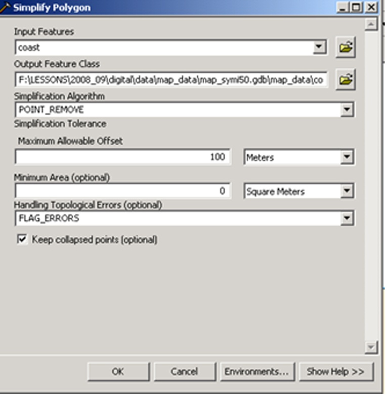 Εικόνα 9.23 Χρήση του Simplify Line σε batch mode. 9.4.2 Απλοποίηση επιφανειακών χαρτογραφικών δεδομένων Από την εργαλειοθήκη ArcToolbox, επιλέγεται Cartography Tools>Generalization>Simplify Polygon.