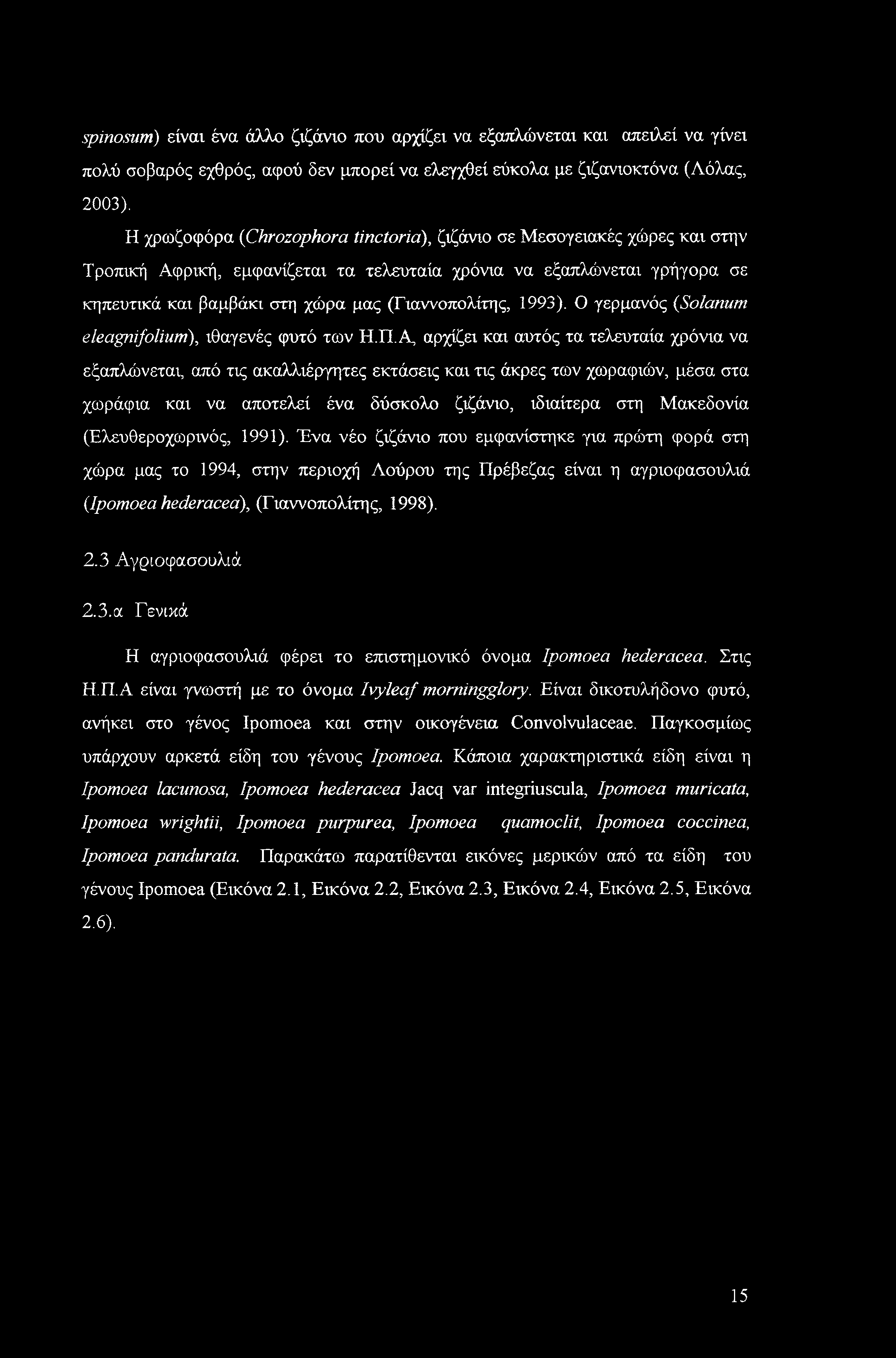 spinosum) είναι ένα άλλο ζιζάνιο που αρχίζει να εξαπλώνεται και απειλεί να γίνει πολύ σοβαρός εχθρός, αφού δεν μπορεί να ελεγχθεί εύκολα με ζιζανιοκτόνα (Λόλας, 2003).
