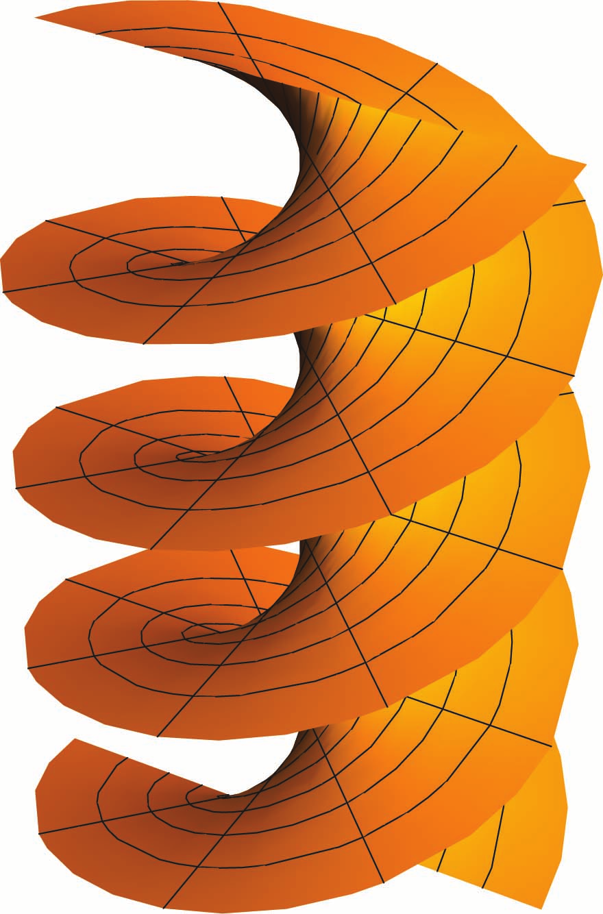 26 Η απεικόνιση Gauss και καμπυλότητα Σχήμα 5.9: Ελικοειδής επιφάνεια. 7. Αποδείξτε ότι η δεύτερη θεμελιώδης μορφή μιας κανονικής επιφάνειας M του R 3 παραμένει αναλλοίωτη κάτω από στερεές κινήσεις.