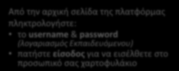 είσοδος στο προσωπικό Χαρτοφυλάκιο Εκπαιδευόμενοι Βήμα είσοδος στο χαρτοφυλάκιο φοιτητή Από την αρχική σελίδα της πλατφόρμας πληκτρολογήστε: το username & password (λογαριασμός Εκπαιδευόμενου)