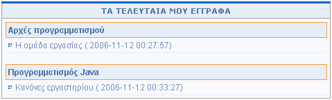 4.1.4 Περιοχή «Τα τελευταία µου έγγραφα» Στην περιοχή αυτή εµφανίζονται τα τελευταία έγγραφα στα µαθήµατα που είναι εγγεγραµµένος ο χρήστης. Τα έγγραφα αυτά ταξινοµούνται κατά µάθηµα.