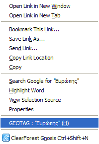 Σχήμα 5.18 Right-click menu : geotag Ευρώπης Στην συνέχεια παραθέτουμε τον κώδικα που χρησιμοποιήθηκε : <?xml version="1.0"?> <?xml-stylesheet href="chrome://global/skin/xul.css" type="text/css"?> <!DOCTYPE overlay> <overlay id="geojoy-overlay" xmlns:html="http://www.
