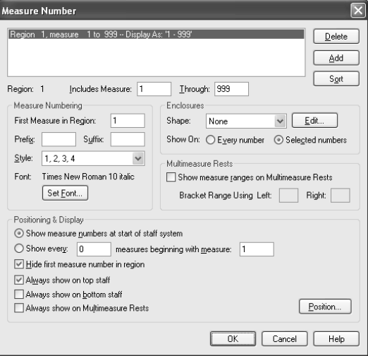 Ακριβώς από κάτω από το Multimeasure Rest υπάρχει το Measure Numbers Αν πατήσετε με το ποντίκι στο Edit Region, θα εμφανιστεί το παρακάτω παράθυρο.