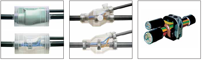 GUROFLEXOM zalievané odbočné spojky od 35 mm² do 240 mm² pre káble s polymérovou izoláciou MM 5, MM 7 BAV-C5, BAV-C7 Odbočná prepichovacia svorka Káble Spojky sú určené pre 4 -žilové káble s